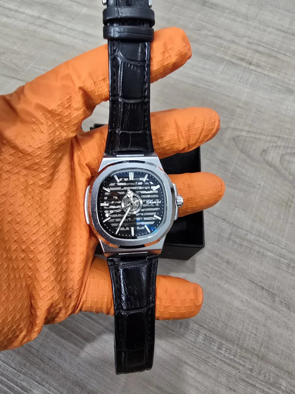 Black Leather Strap Mechanical Wrist Watch - Unbranded